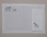 Tovagliolo e tovaglietta con ricamano a mano di animaletti, elefante, giraffa, zebra, rinoceronte