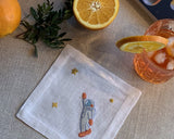 Aperitivo con tovaglioli da cocktail, puro lino, moderni, ricamati a mano, spazio, stelle, saturno, astronauta e astronave