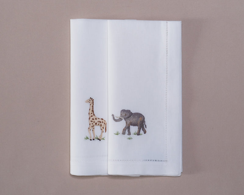 Tovaglioli Elefante e Giraffa, ricamati interamente a mano, 100% Cotone, adatti per grandi e piccini